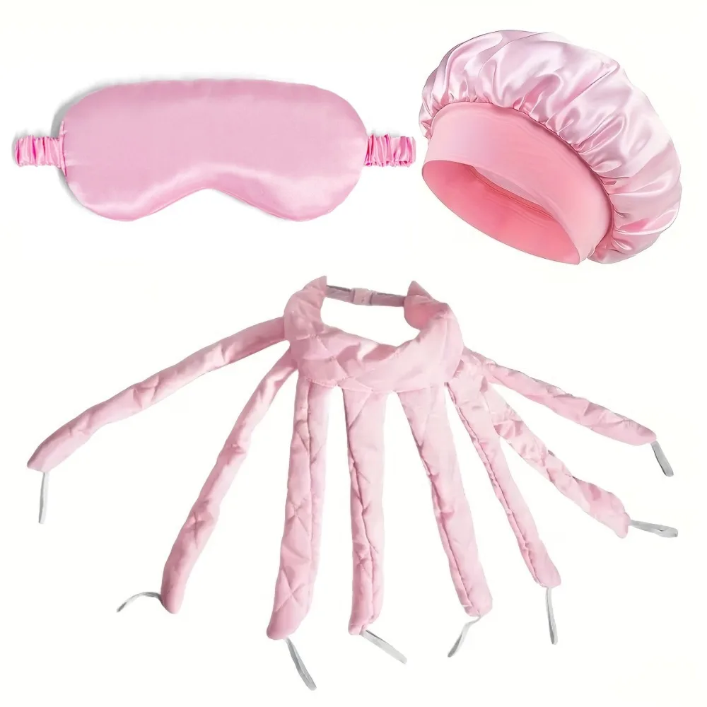 3 in 1 Satin Sleep Set Silk Eye Mask Bonnet Heatless Hair Curling Rod Kit No Heat Overnight Curls Gift Women Hair Style Tool
