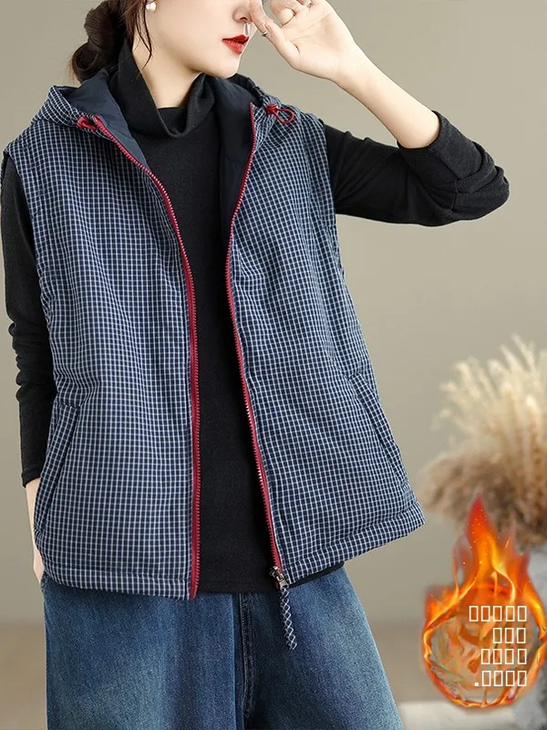 

Hooded Plaid Cotton Vest Women's Autumn Winter New Sle Svel Clothing Commute Sle 00% Cotton Fill Regular Length
