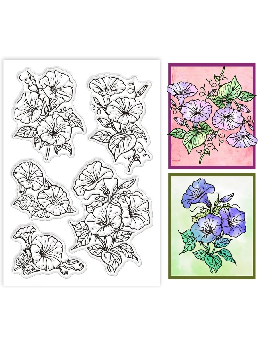 1 Blatt Morning Glory transparenter Stempel für Kartenherstellung, Pflanzen, transparente Silikonstempel, Blumen, transparente Stempel, Siegel für DIY-Sammelalbum