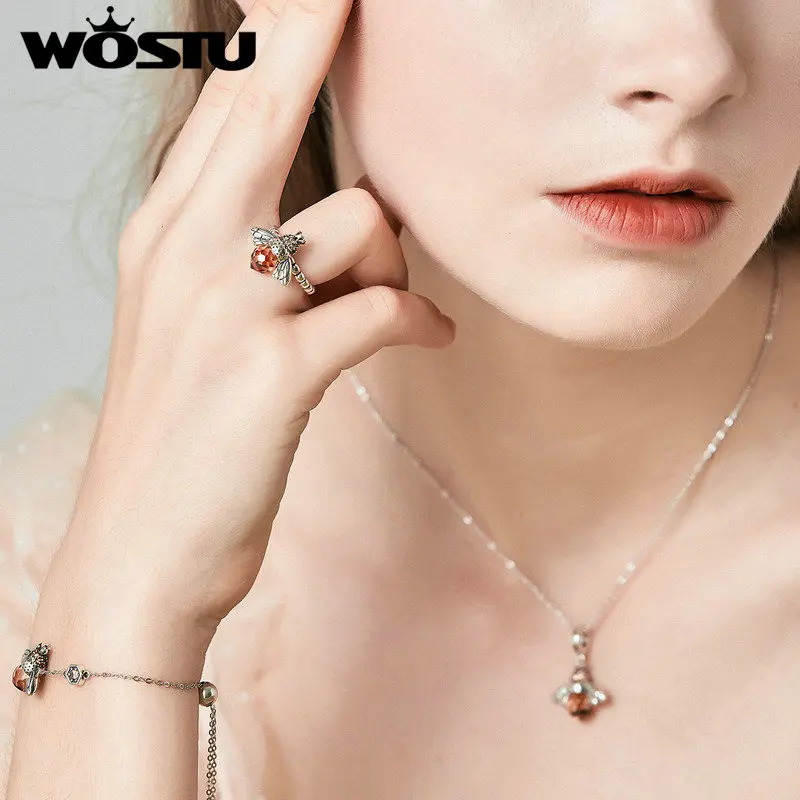 WOSTU 925 Sterling Silver Gold Plating Bee Pendants Crystal Clear Insect Zircon Charms Fit Original Bracelet Bangle Jewelry Gift