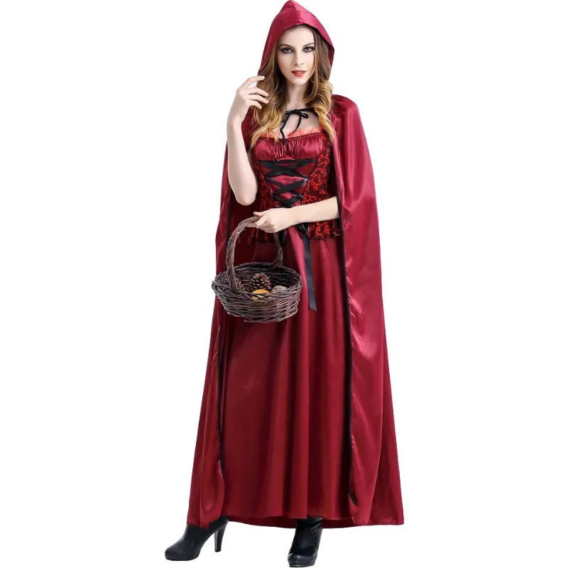 Vocole-Disfraz de Caperucita roja para mujer adulta, vestido largo para fiesta de carnaval, Cosplay, vestido elegante con capa