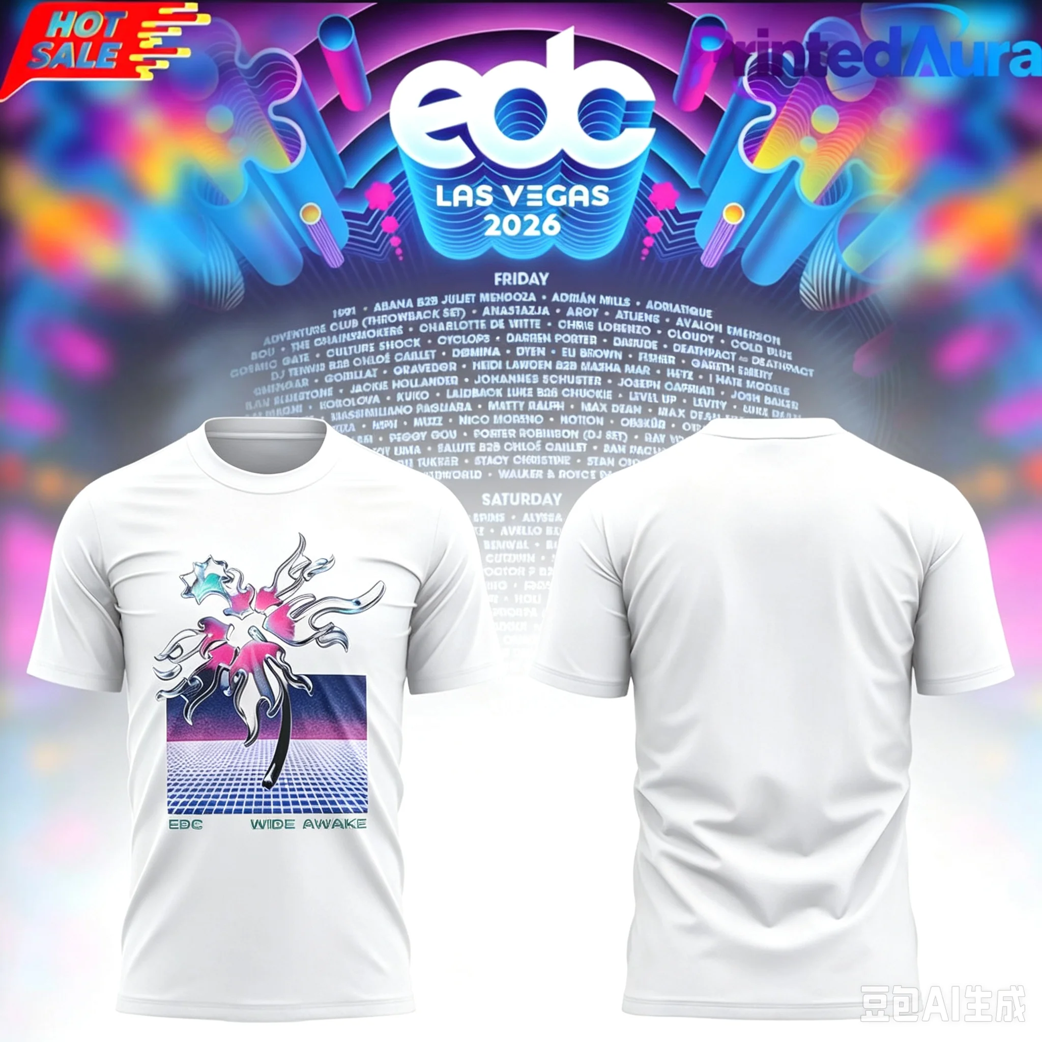EDC Las Vegas 2026 Double Sided Printed T-shirt Retro Electronic Dance Music Festival Merch Short Sleeved T-shirt