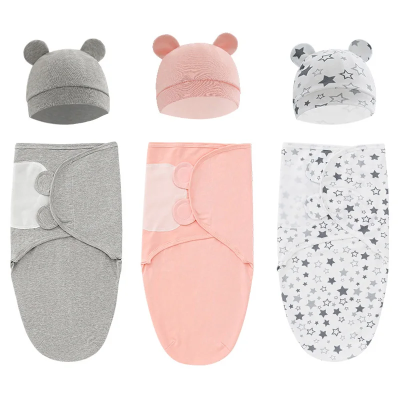 

Newborn Blanket Hat Set Cotton Swaddle Wrap Infant Girls Boys Sleep Bag Adjustable Muslin Swaddling Four Seasons 0-6M