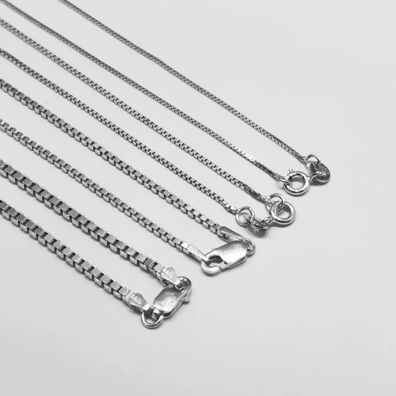 0.65mm-2.0mm Solid 925 Sterling Silver Box Chain Necklace 50cm for Women Men Jewelry Rhodium Plated