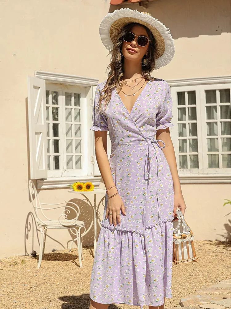 Vestido de verano de gasa con estampado Floral para mujer, vestido largo informal de manga corta con abertura y escote en V, estilo bohemio para playa