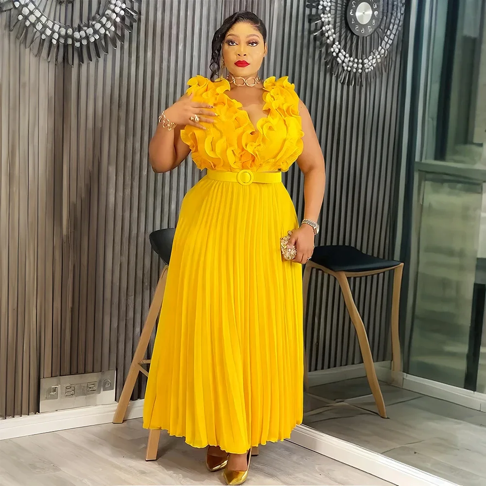 

Elegant African Dresses for Women 2025 New Fashion Sleeveless Chiffon Maxi Robe Plus Size Christmas Evening Party Long Dress