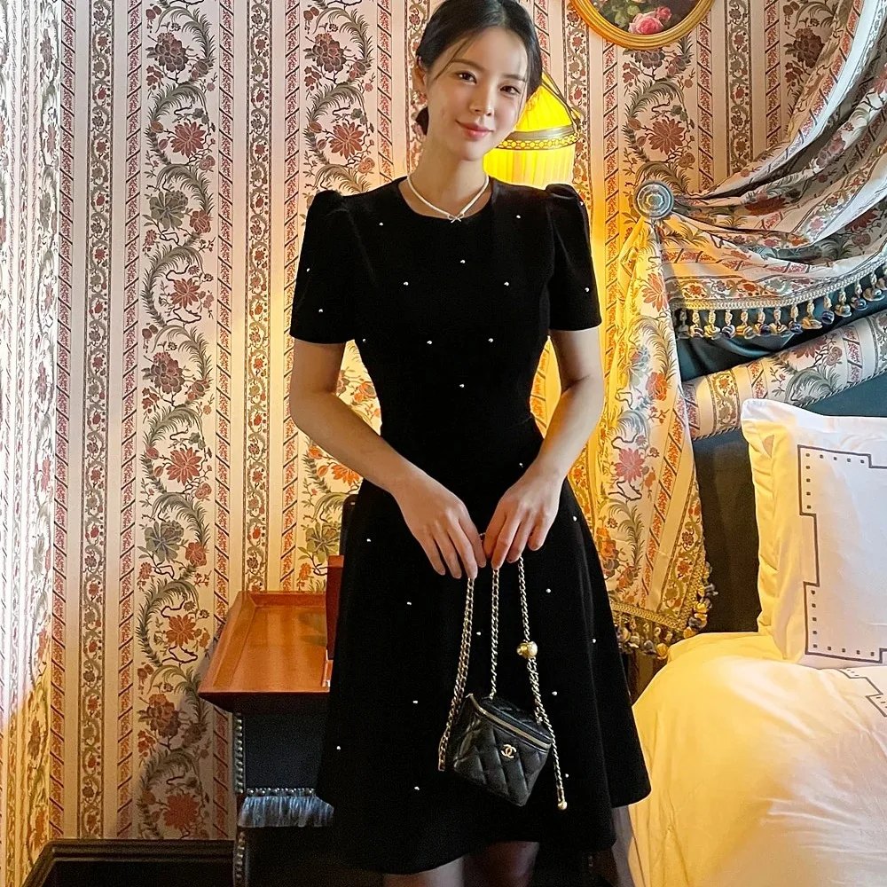 Vintage Spring Velvet Slim Beading Dress Women Round Collar A-line Black Short Sundress 2024 Spring