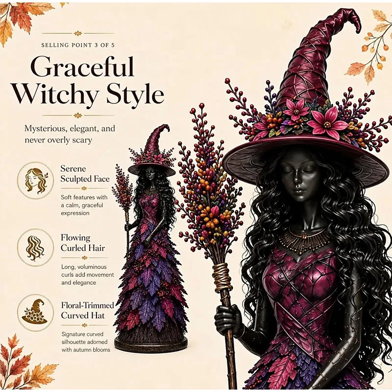 Gothic Vintage Autumn Witch Resin Figurine Statue Whimsical Harvest Fall Tabletop Ornament Halloween Indoor New Home Decor Gift