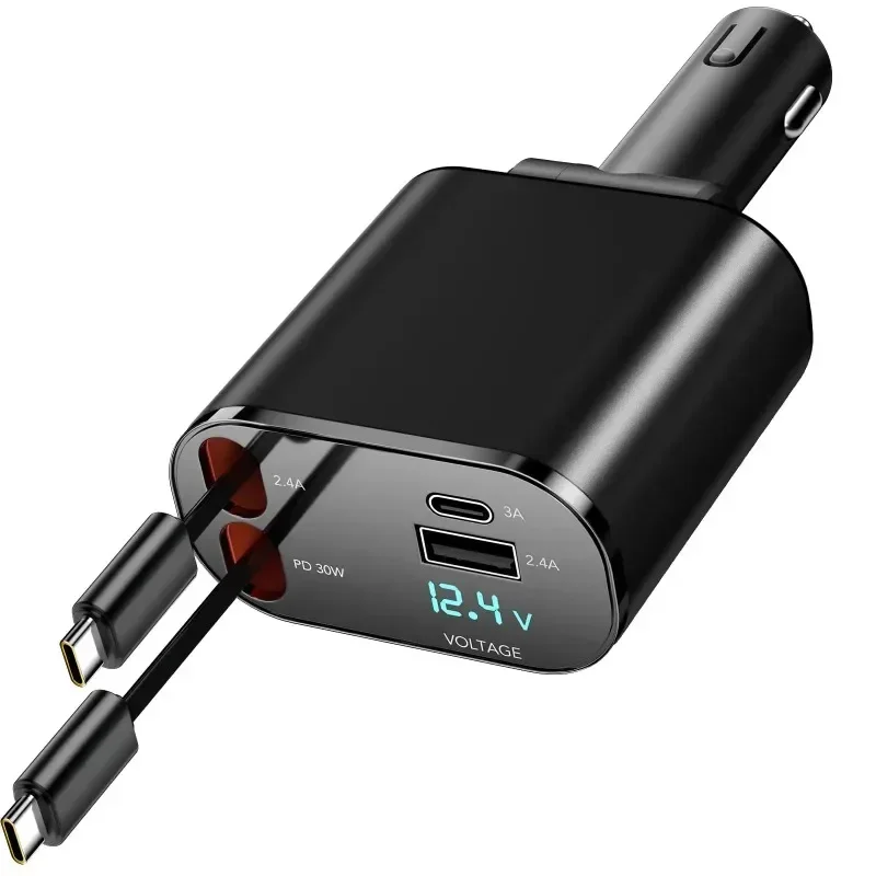 120W 4-in-1 Retractable Car Charger USB PD Type-C Cable Charging for IPhone & Android QC Adapter with Cigarette Lighter Plug
