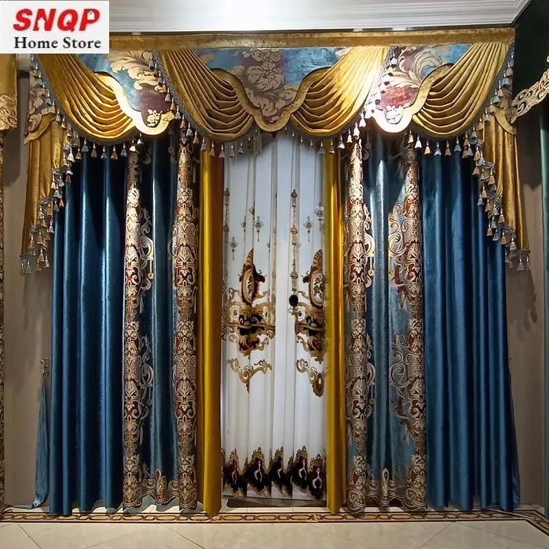 

European Custom Size Embroidery Luxury Blue Velvet Curtains for Living Room Bedroom Dining Window Tulle Valance Thicken Decor