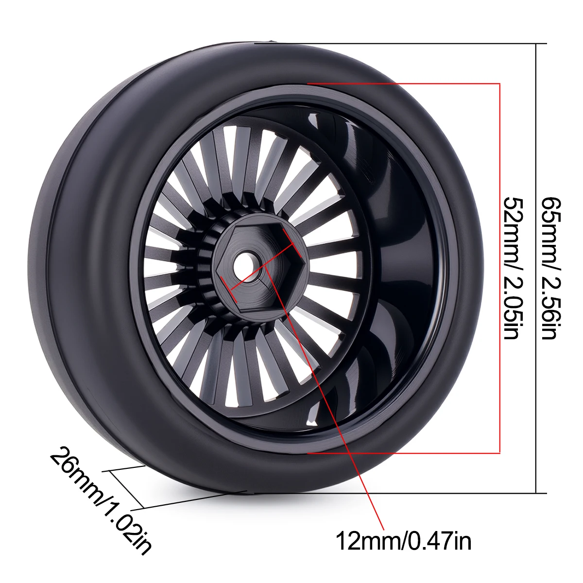 プレグルー済みRCホイールタイヤセット4個入り 1/10 - 65x26mm 12mm六角ハブ タミヤTT01 TT02 XV01 XV02 TA06 HSPモデル対応