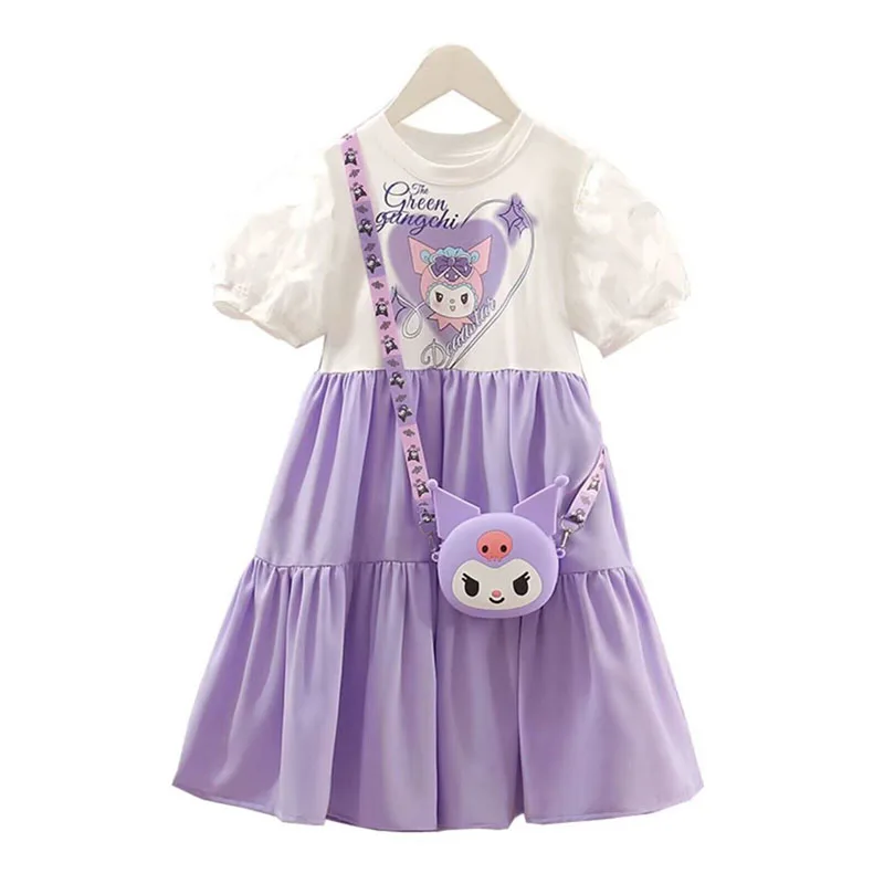 Anime Sanrioed Kuromi Girls Clothing Fashion Short Sleeve Dress Sweet Princess Dress Cartoon Korean Vestidos Summer Dress Gift