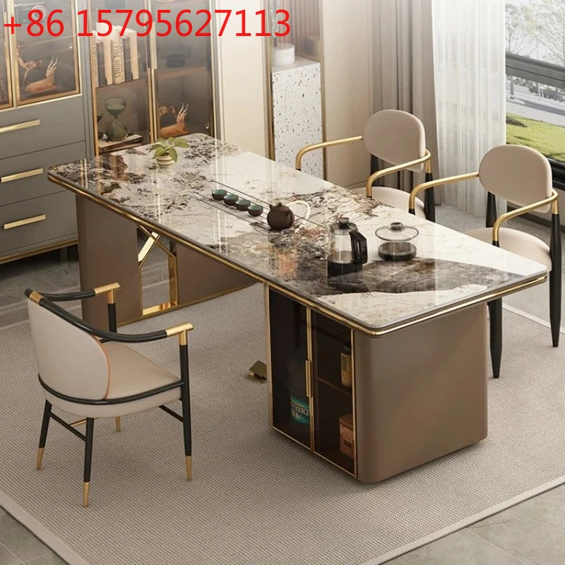 

Простой чайный столик из сланца с комплектом стульев для приема гостей