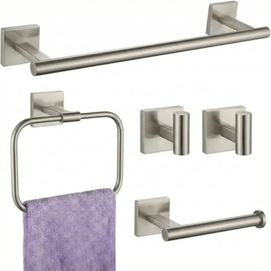 

16" Brushed Nickel Bathroom Hardware Set 5-Piece Fingerprint-Free SUS304 Stainless Steel Towel Bar for Small Bath and RV Modern