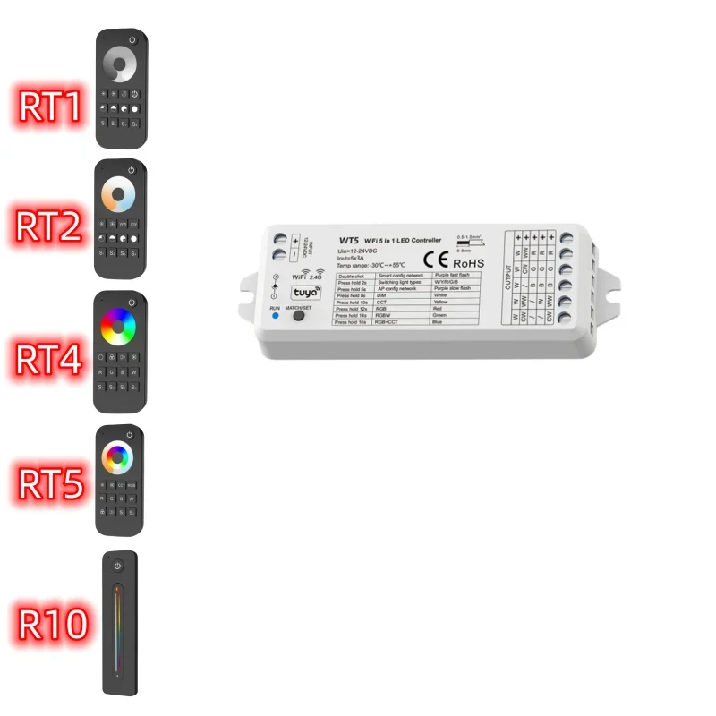 WT5 5 IN 1 Controller LED Tuya funziona con telecomando RF 2.4g RT1/RT2/RT4/RT5/R10 APP controllo vocale per RGB RGBW RGB + CCT Led Strip Lamp