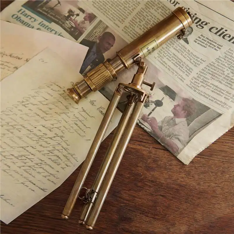 Indian brass retro telescope, colored shell magnifying glass rattle study tabletop ornament,  European decoration