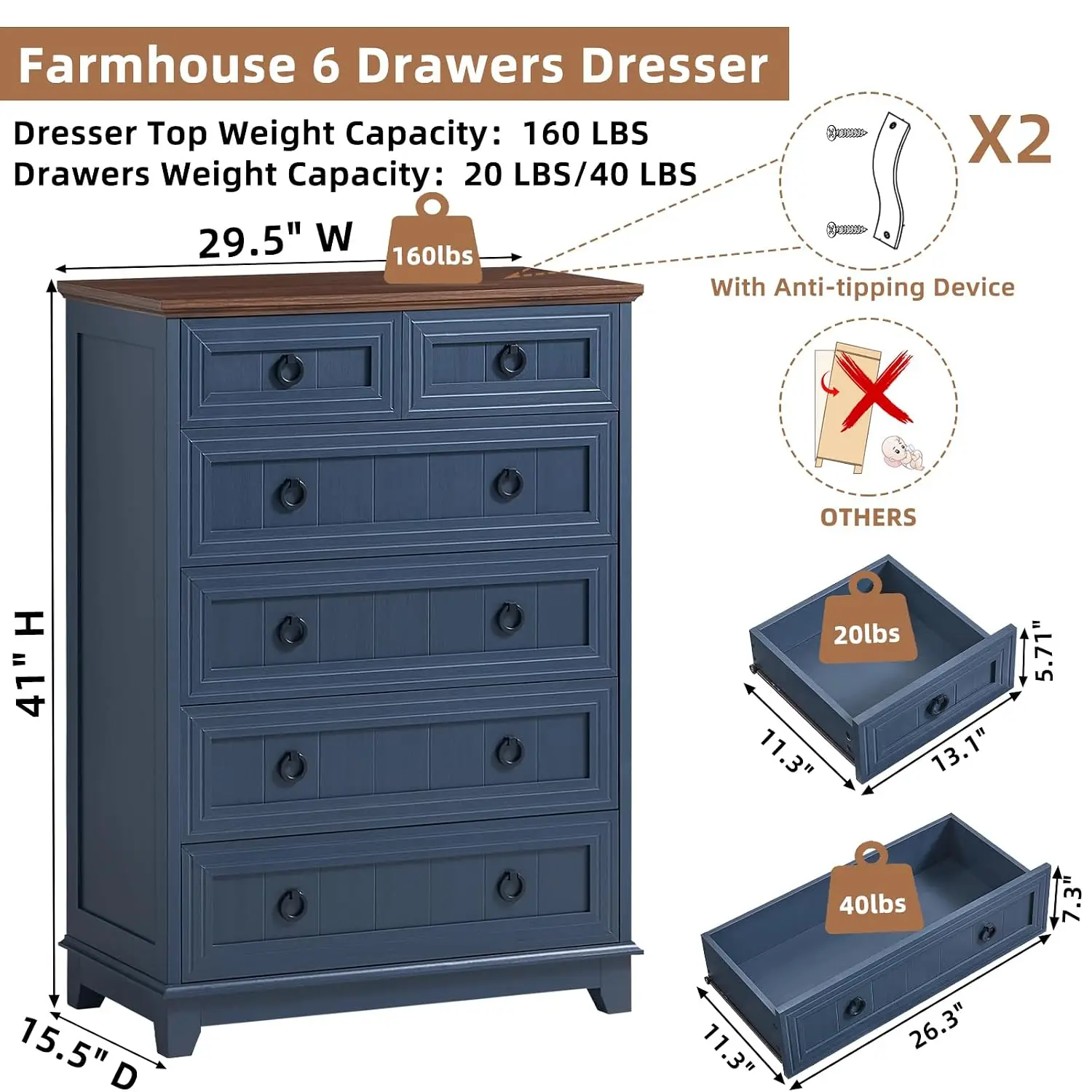Farmhouse 5 Drawer Dresser 42