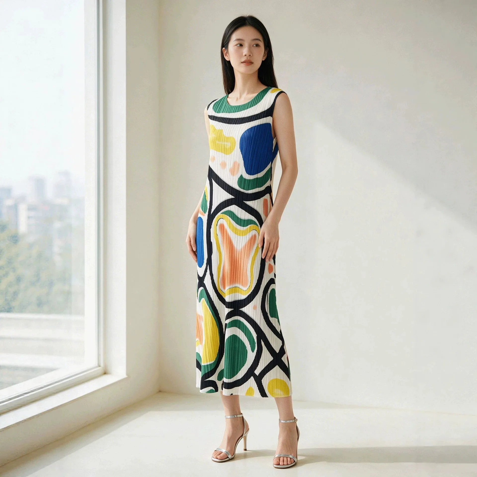 Miyake Summer Pleated Abstract Print Women's Sleeveless Dress Colorblock O-neck Straight Tank Dresses Loose Mid-length Dresses