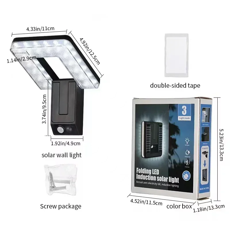 Foldable Solar Wall Light 120° Adjustable Motion Sensor Outdoor Lamp 3 Modes Waterproof Solar Spotlight for Garden Yard Street