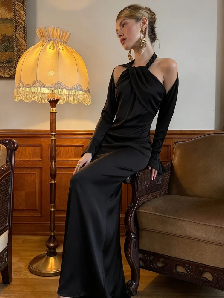 Women Black Twisted Halter Cold Shoulder Long Sleeve Dress, Slim Bodycon Mermaid Maxi Dress With Flared Cuffs