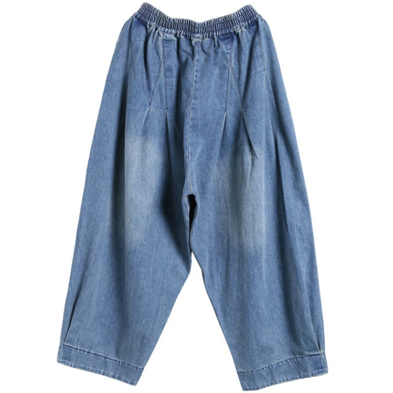 Women Casual Loose Long Pants Denim Bloomers Elastic Waist With Pockets Streetwear Vintage Baggy Jeans Harem Pants M-3XL C289