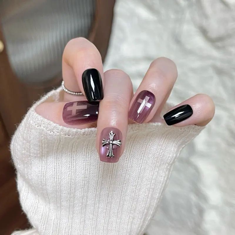 10Pcs Women Gentle and Elegant Black Purple Gothic Style Press on Nails Stickers All-Match Detachable Reusable Fake Nails