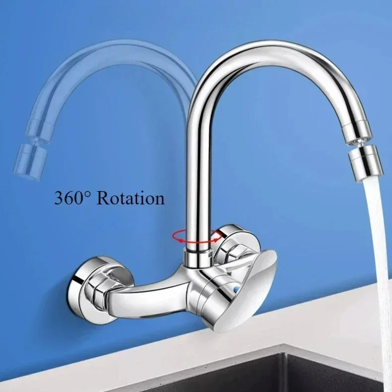 All Copper Wall Mounted Hot Cold Mixer Tap Kitchen Sink Balcony Bathroom Wash Basin Faucet