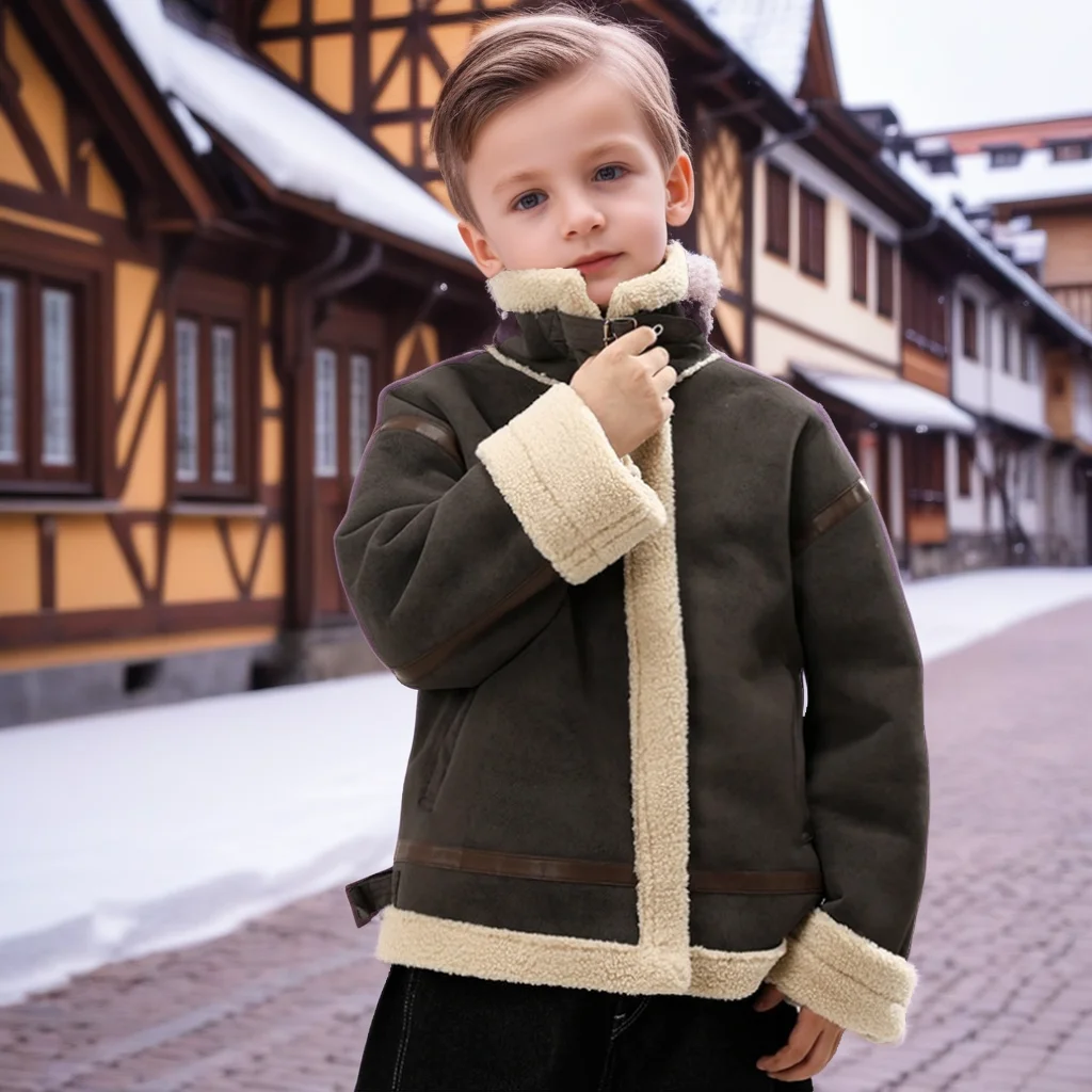 

Boys Retro Suede Shearling Jacket Winter Warm Thicken Biker Coat Casual Plush Lined Windproof Thermal Outerwear for Teens Kids
