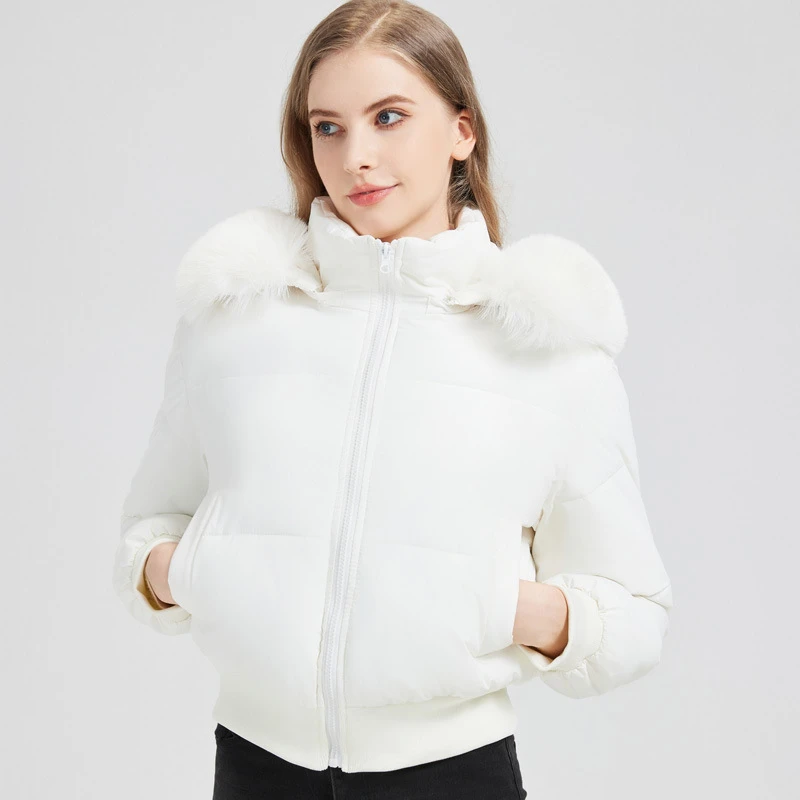 2025 European American New Style Big Fur Collar High Waisted Cotton Padded Jacket Women's Parkas Slim Fit Short Thick Jackets