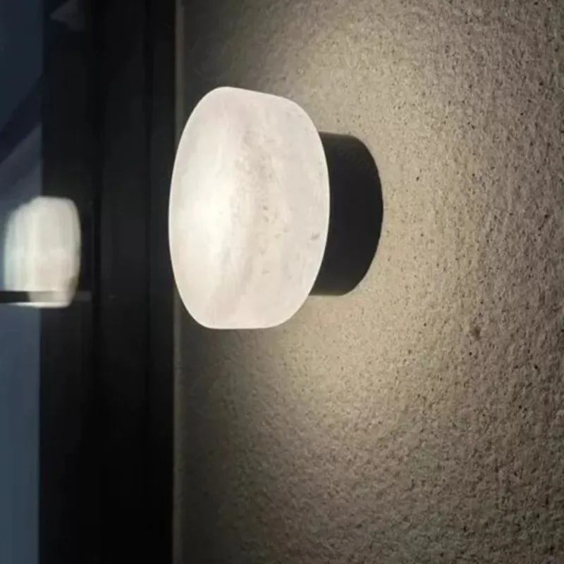 Round Natural Marble Wall Lamp Minimalist Bedside Light for Bedroom Corridor Aisle Balcony Background Decor