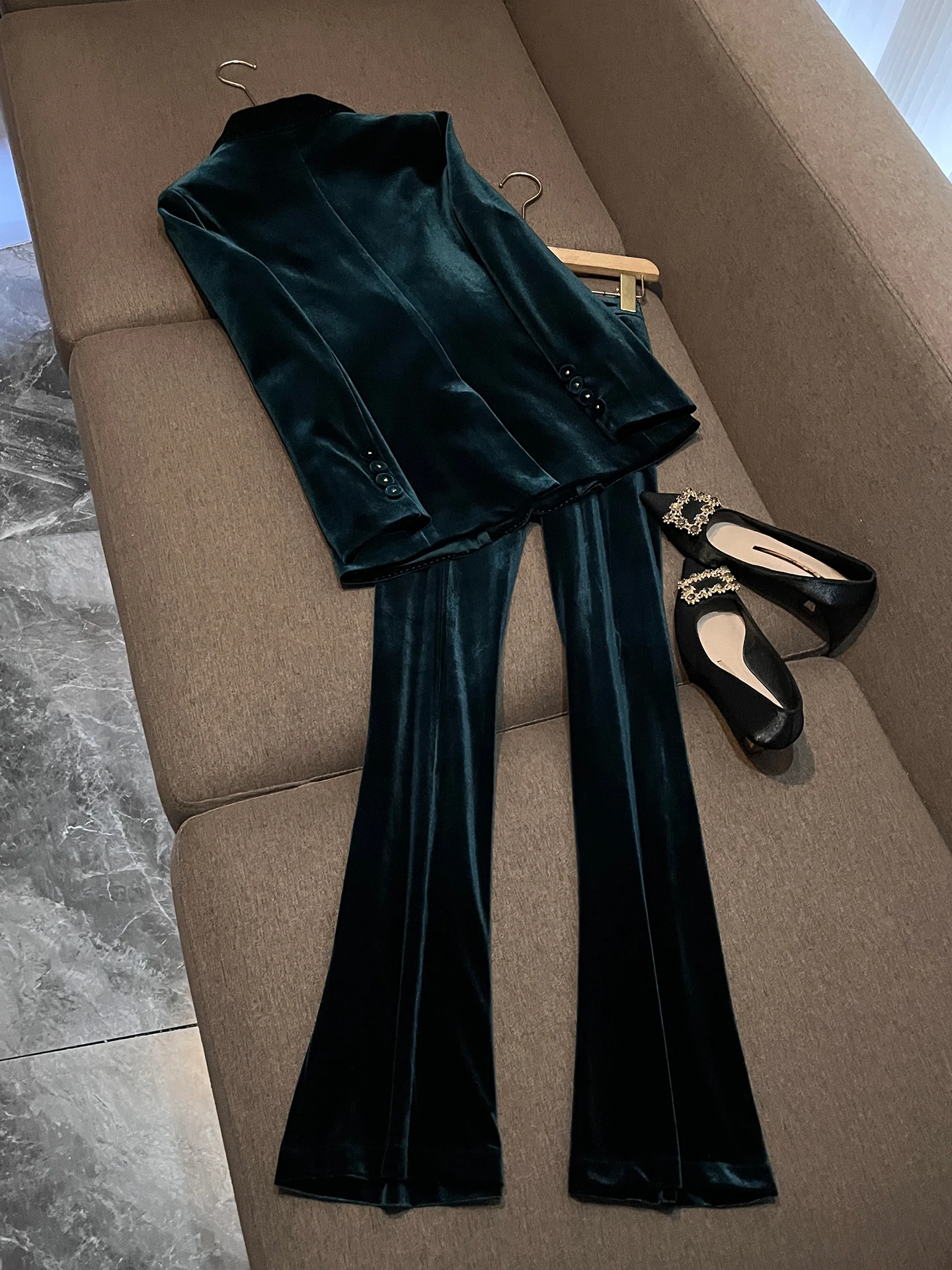 Women's Autumn New Style Velvet Suit Set Professional Workwear Broadcast Host Uniform Golden Velvet Customizable Size