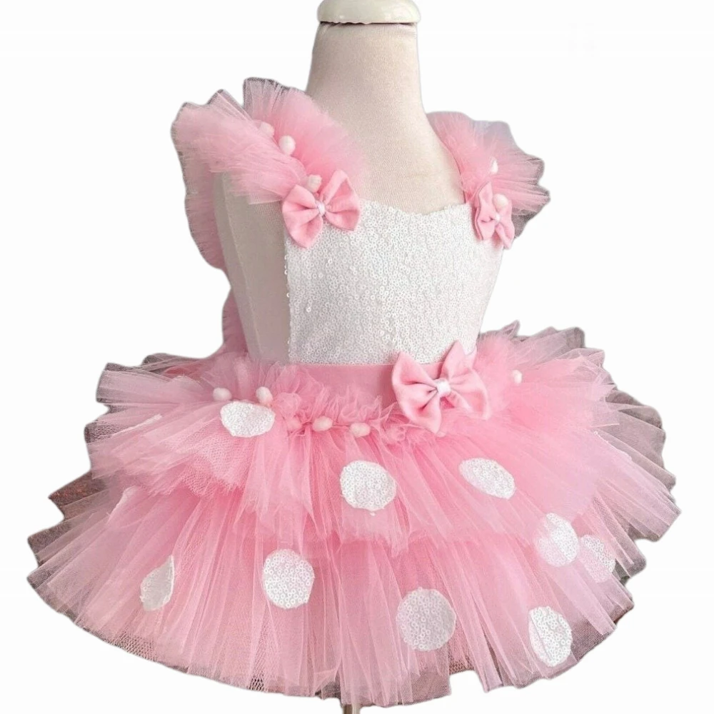 Cute Flower Girl Dress Lovely Pink Party Short Sleeves Tulle Little Baby Princess Ball Kids Birthday First Communion Gowns