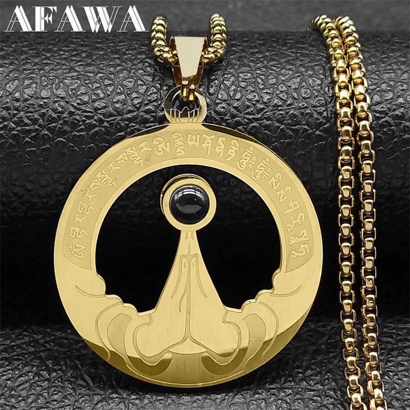 Buddhism Namaste Mantra Shurangama Projection Necklace for Men Women Stainless Steel Gold Color Amulet Chain Jewelry NZZZ579