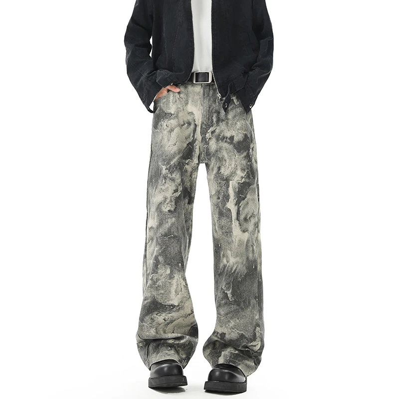 

Camouflage Men's Denim Jeans Worn-out Washing Deconstruction Patchwork Design Loose Wide Leg Niche Male Jeans 2026