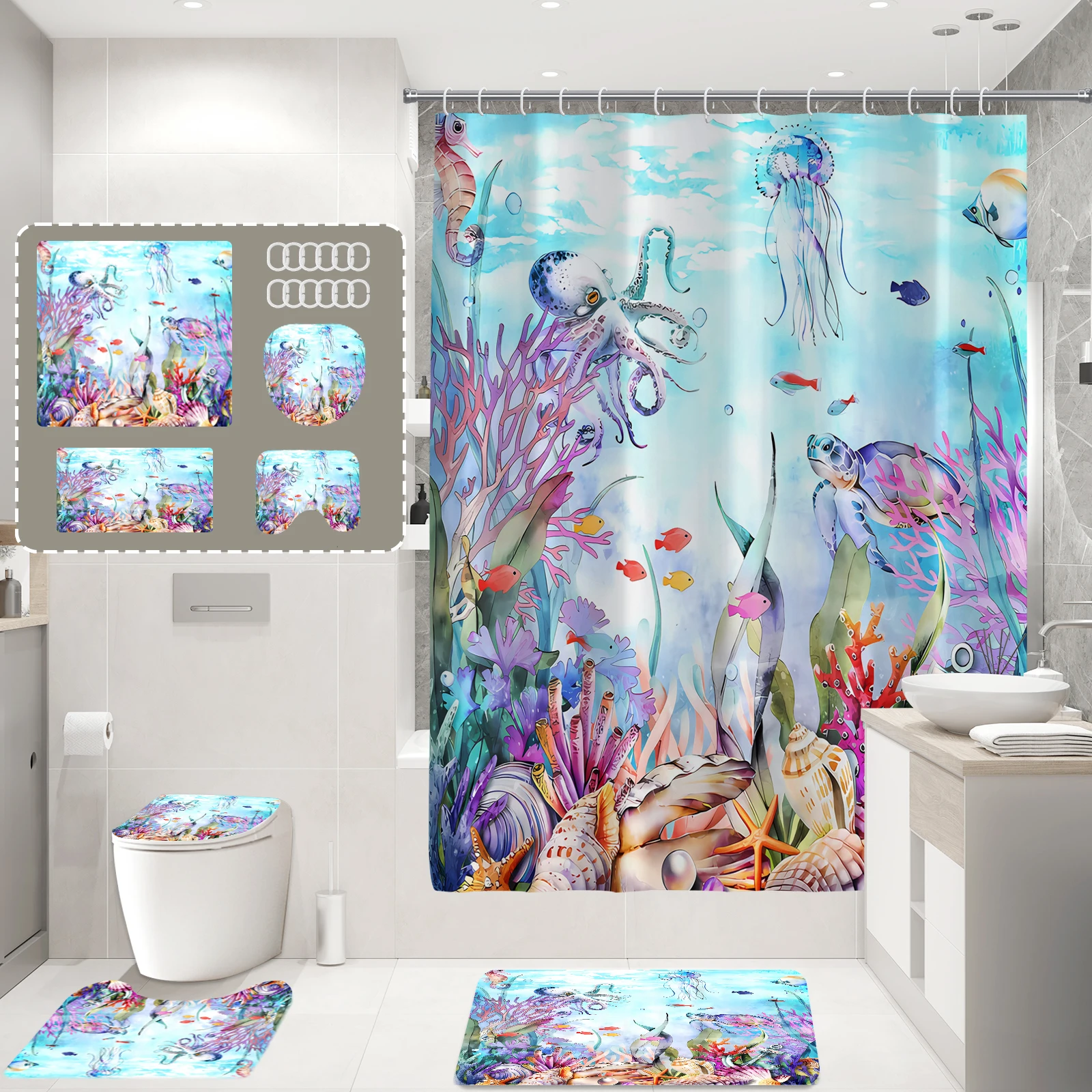 Underwater marine animal print shower curtain modern waterproof polyester home décor bathroom curtain with hooks