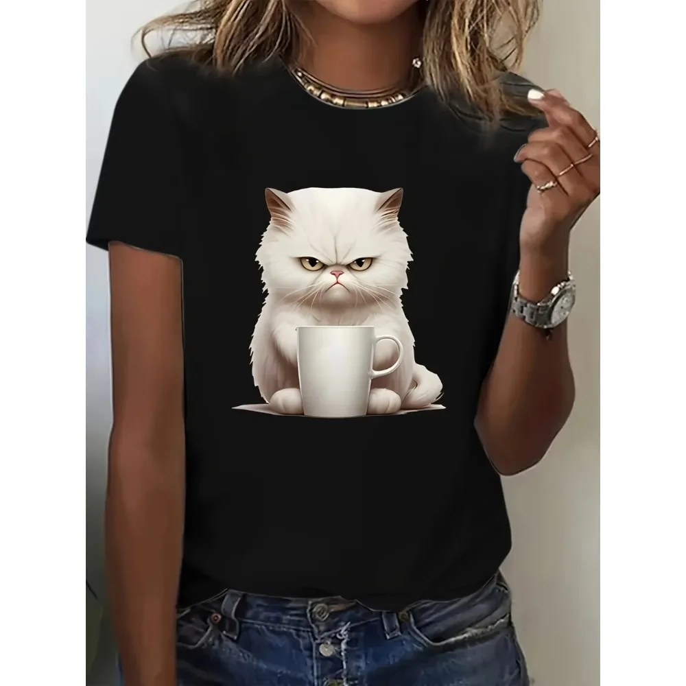 Angry Kitten Print Crew Neck T-Shirt Casual Short Sleeve T-Shirt for Spring & Summer Women Men Clothing Graphic T Shirts Y2K Top