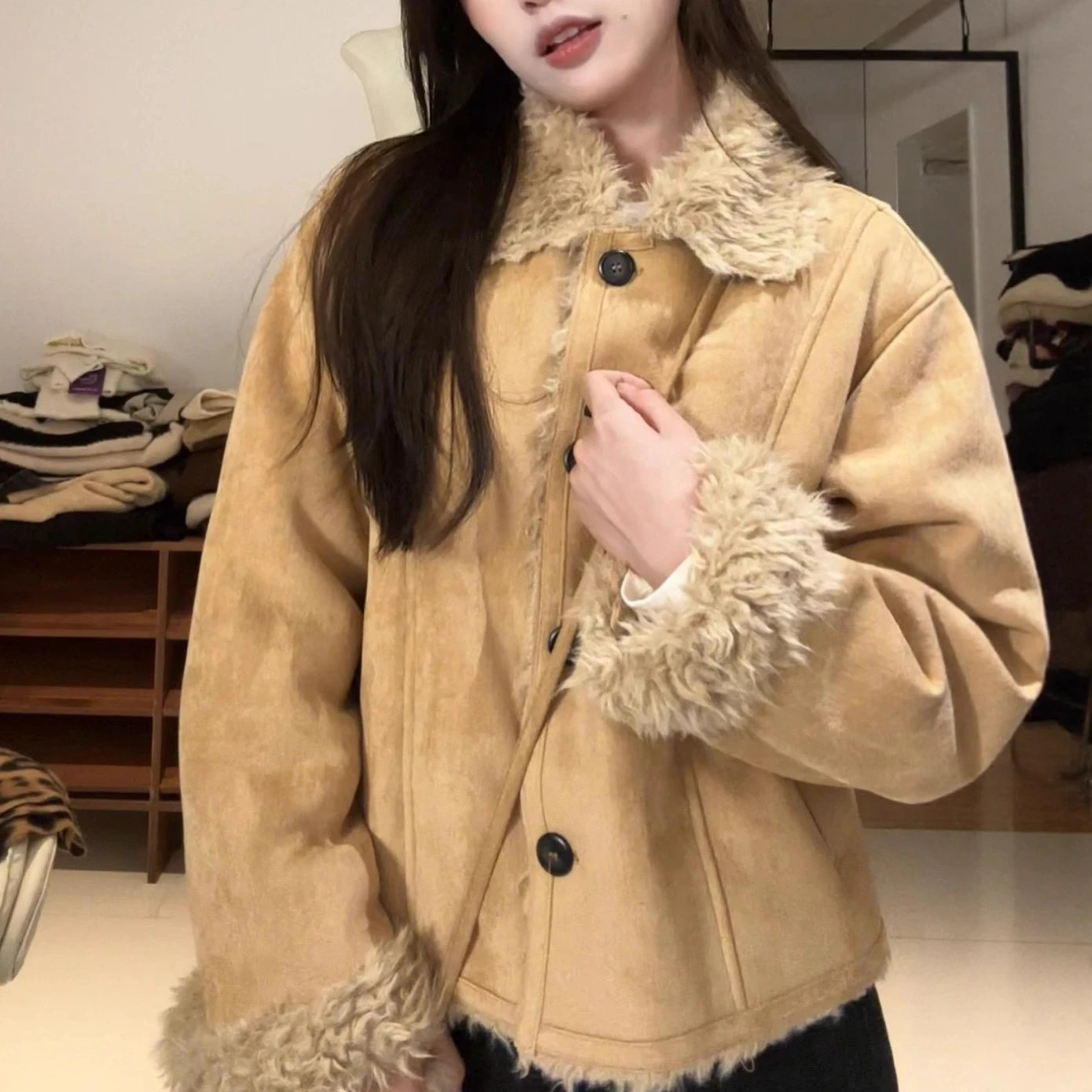 Women Faux Shearling Fur Coats Solid Fur Jackets Pocket Cotton Linen Turn Down Collar Long Sleeves Single Breasted 2026 Winter