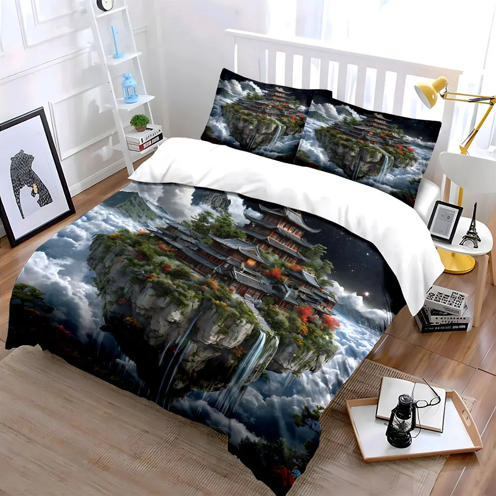 Ancient-style buildings on floating island Pattern Duvet Cover Set Digital Print Colorful Polyester Bedding with Zipper Closur