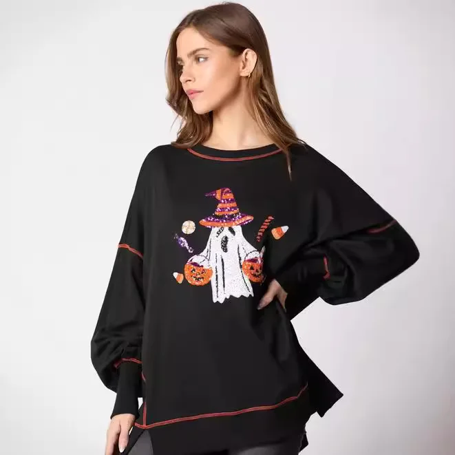 

Осенняя одежда 2025 г., женская модная и универсальная футболка с круглым вырезом и принтом призраков на Хэллоуин, с длинными рукавами, пуловер Sweter Damski
