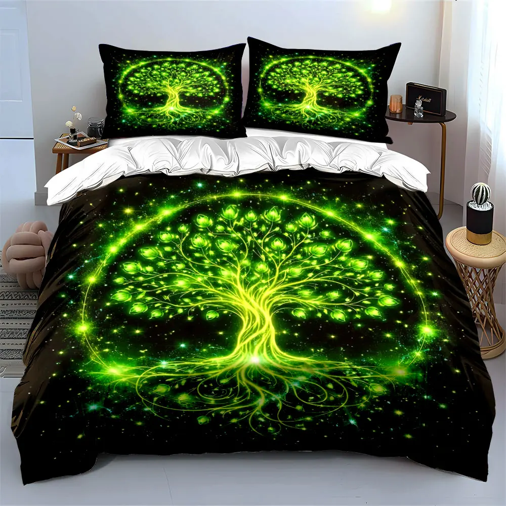 Glowing Green Tree of Life Pattern Duvet Cover Set Digital Print Colorful Polyester Bedding with Zipper Closur for kids gifts