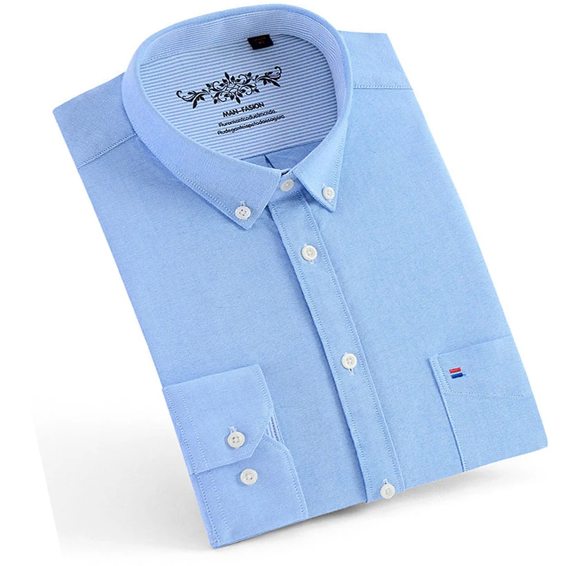 Camisa Oxford de manga larga para hombre, camisas de vestir informales de algodón sólido para negocios, camisa azul a cuadros a rayas con botones,