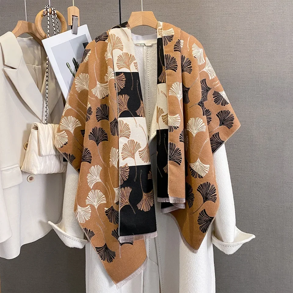 

New Winter Scarf For Women Long Warm Cashmere Scarves Ginkgo Leaves Lady Shawl Wrap Double Sides Female Pashmina Bandana Scarf