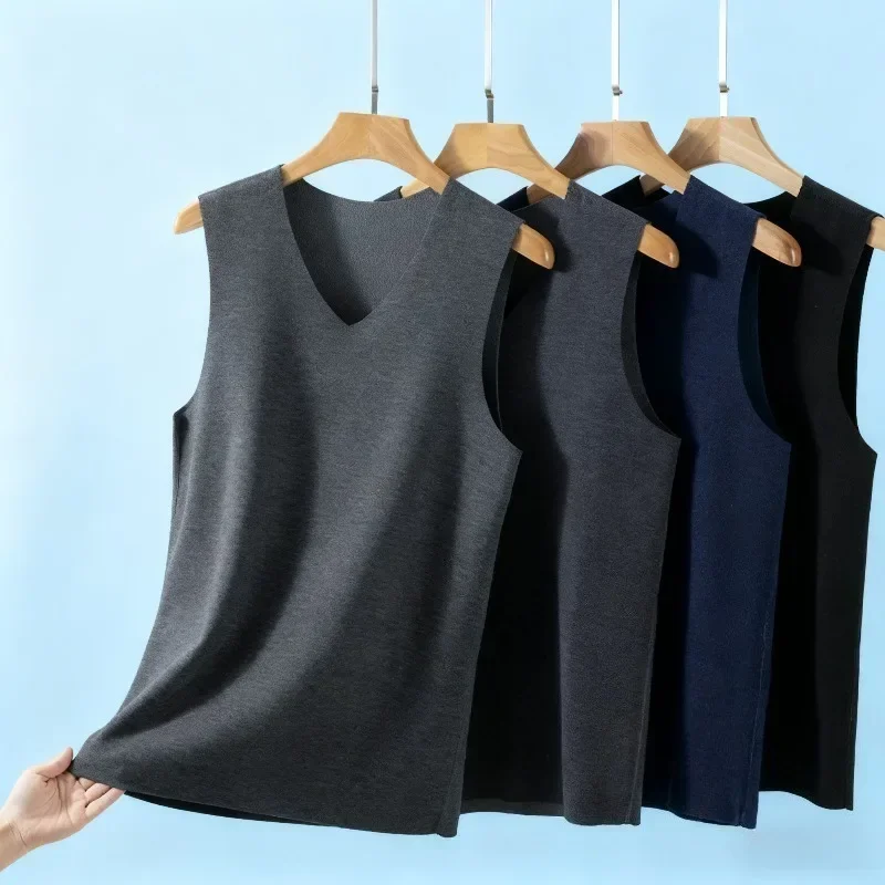 Men's V-Neck Thermal Vest, Seamless Double-Sided Velvet Base Layer for Winter Layering & Warm Under Shirt