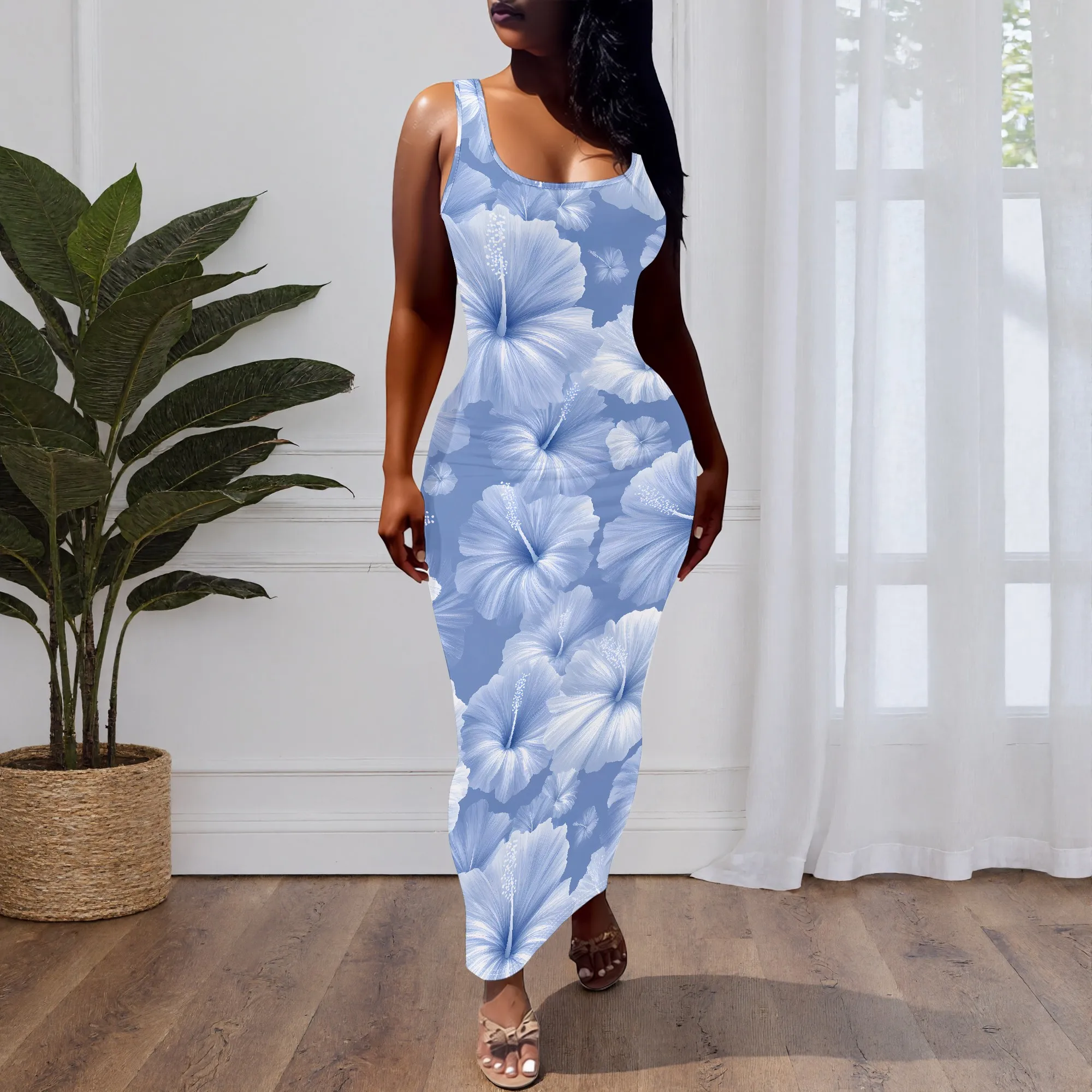 Floral Print, Sleeveless Tank Dress, Blue Hibiscus Pattern, Summer Beach Maxi Dress, Bodycon Fit for Women, S-2XL