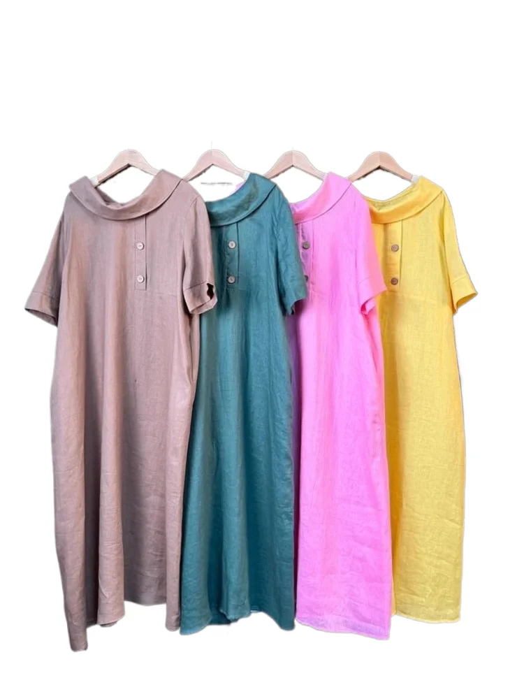 

New Summer Cotton And Linen Dress Casual Versatile Loose Pile Collar Short-sleeved Long Skirt For Women Fashion Solid Dresses