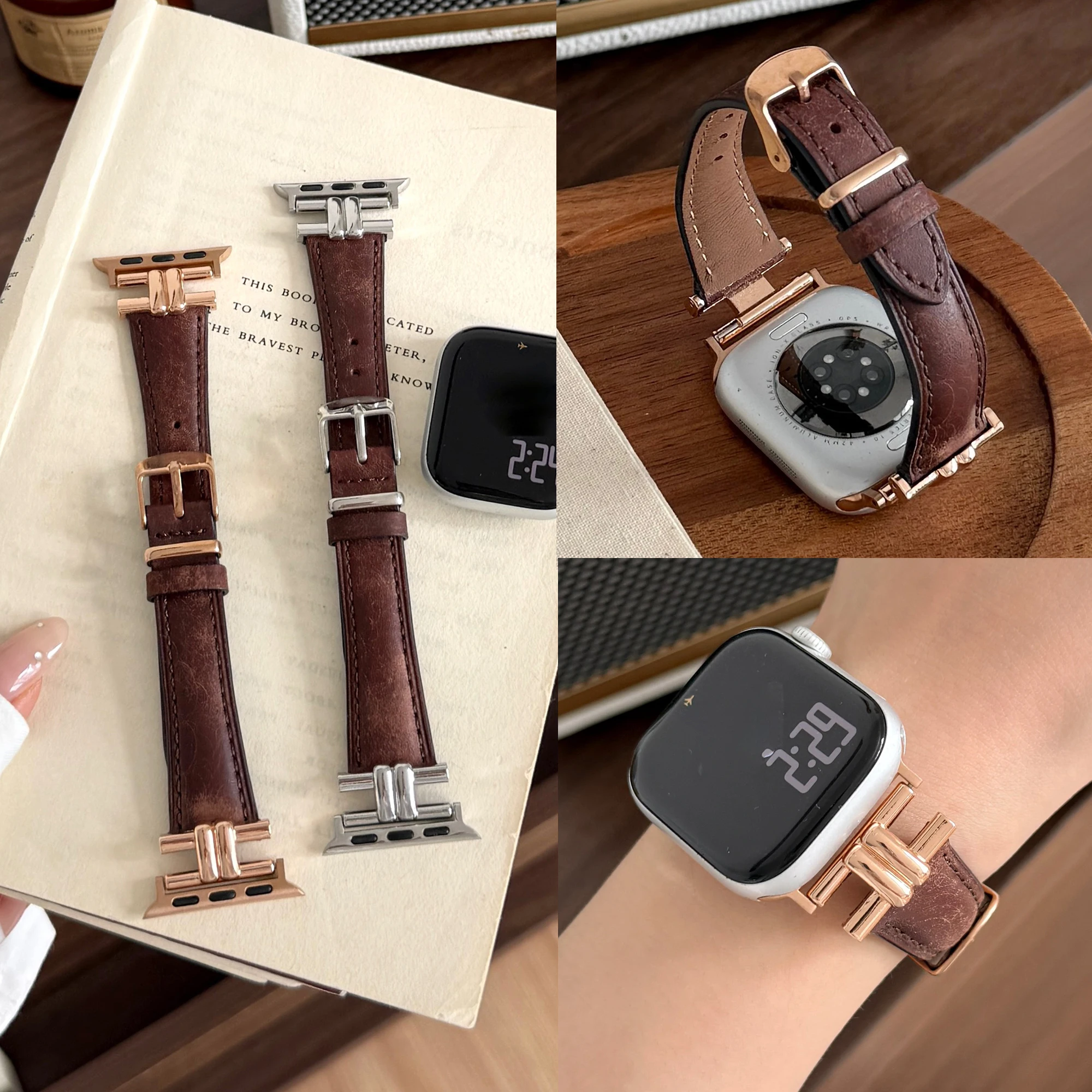 Premium Leather Strap for Apple Watch Seamless Piping Women's Watch Band Compatible with Series 49/46/45/44/42-38mm
