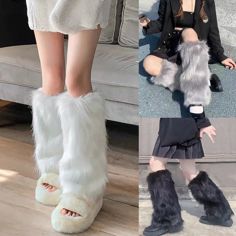 Y2K GothสีขาวFaux Furขาอุ่นBootครอบคลุมญี่ปุ่นขาถุงเท้าPunk Jkเข่า-ความยาวHiphop Hotgirlแฟชั่นถุงเท้าอุ่น