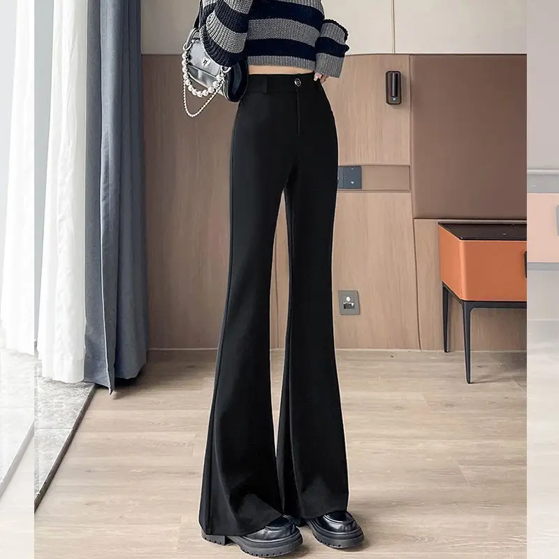 

Women's High Waist Flared Pants Black Slim Fit Long Trousers Solid Color Button Decor Stretch Fabric Casual Office Fashion Wide