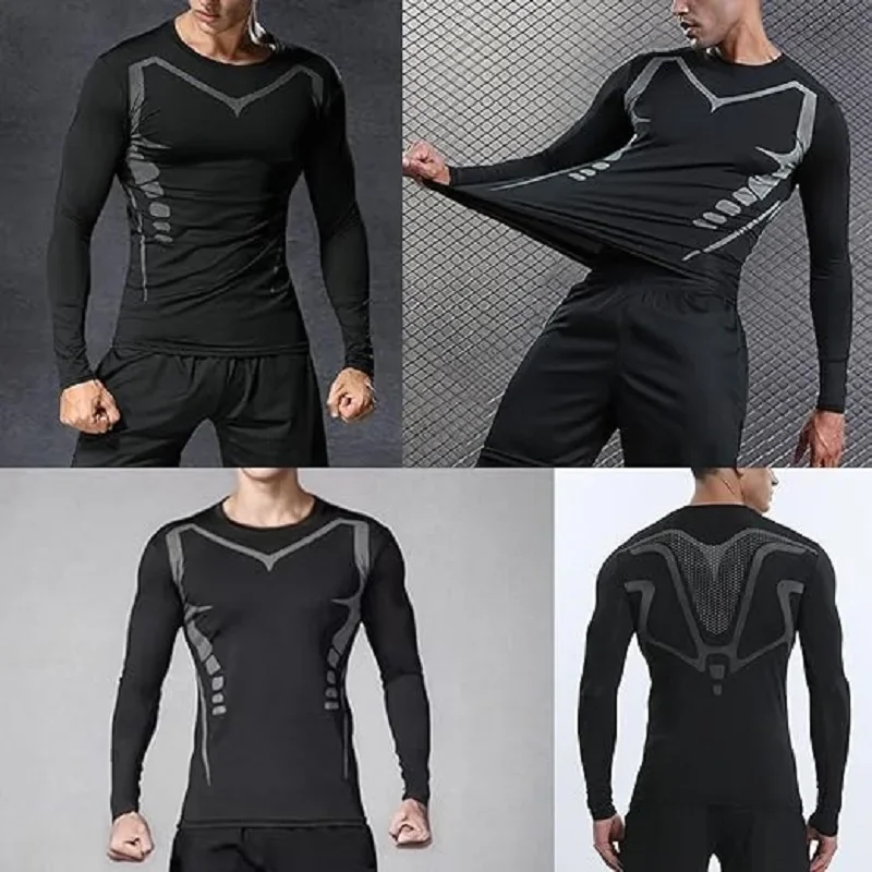 Mens Athletic Compression T Shirt Long Sleeve Tight Fit Quick Dry Moisture Wicking Running Gym Jogging Workout Fitness Training