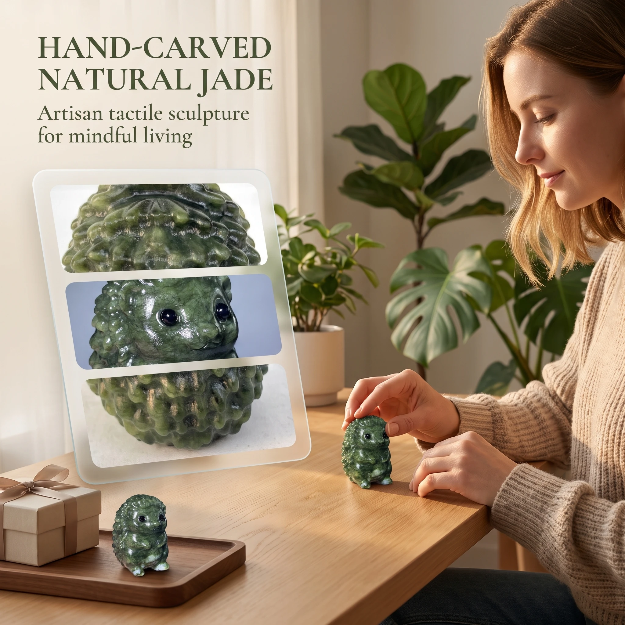 Natural Green Jasper Hedgehog Figurine Hand Carved Xiuyan Jade Gemstone Animal Carving Cute Home Desk Decor Collectible